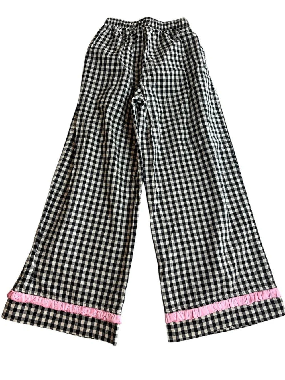 Rareraw Black & White Gingham Pink Satin Ruffle Bow Pants Size Small W/ Pockets